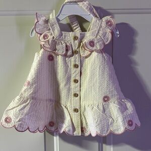 Happily Grey Floral Ruffle Baby Dress with Bow and headband and pants 3-6 months